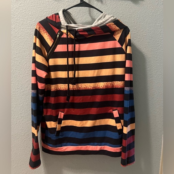 Sweaters - Hoodie- Multicolored striped double hoodie with zipper accents